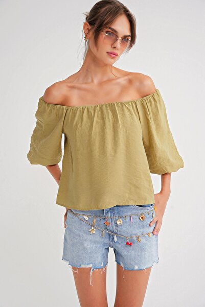 Mixray 4706 Women's Backless Balloon Sleeve Strapless Blouse Fat Green