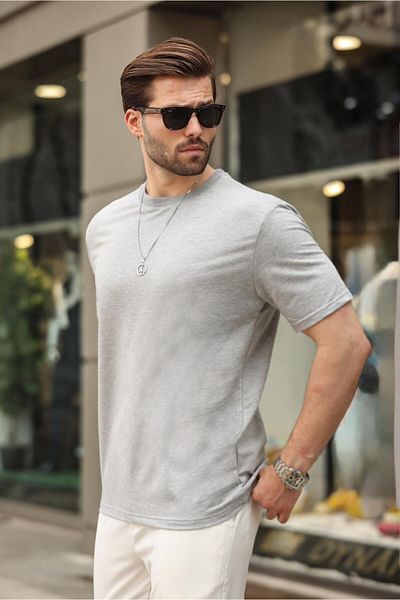 Madmext Gray Crew Neck Basic Short Sleeve T-Shirt 7042