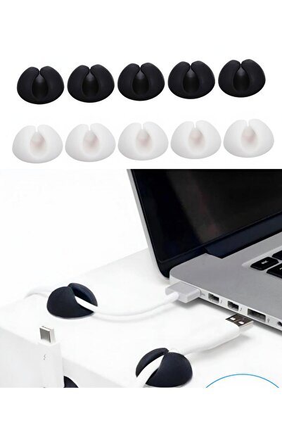 Kyrotech 10’lu Kablo Klipsi Seti, Siyah Beyaz Yapışkanlı Kablo Düzenleyici, M...