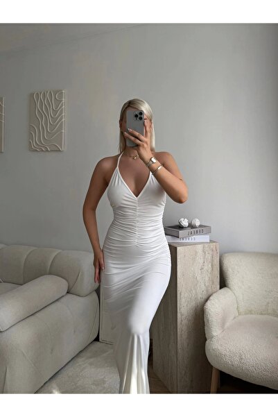 Zora Butik Drapeli Halter Yaka Uzun Elbise - BEYAZ