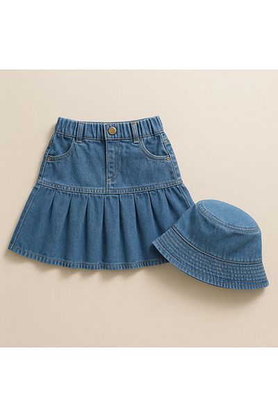 Calisa Girl's Denim Skirt and Bucket Hat Set