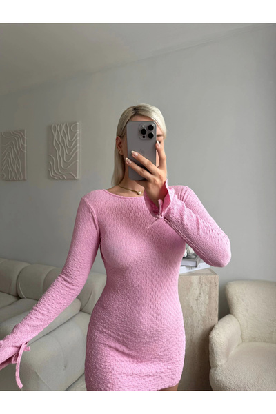 Zora Butik Sırt Dekolteli, Bağcıklı Uzun Kollu Mini Elbise - PEMBE