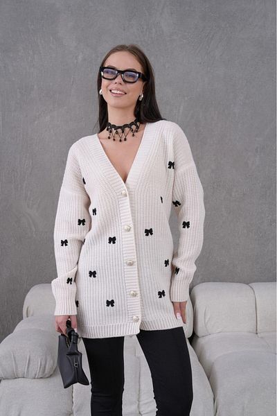 FLEX FASHION Women's Trend Popular Ribbon Embroidered 70 cm Cream Knitwear Cardigan