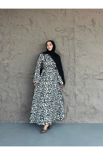 She Olive Μαύρο και άσπρο λεοπάρ σατέν μακρύ φόρεμα χιτζάμπ - Κομψό σχέδιο