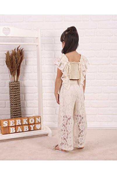 Serkon BABY Girls' Suit with Lace Crop Ruffle Wide Leg Pants