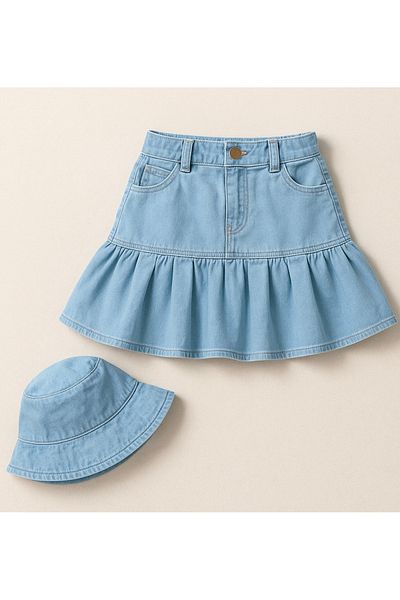 Calisa Girl's Denim Skirt and Bucket Hat Set