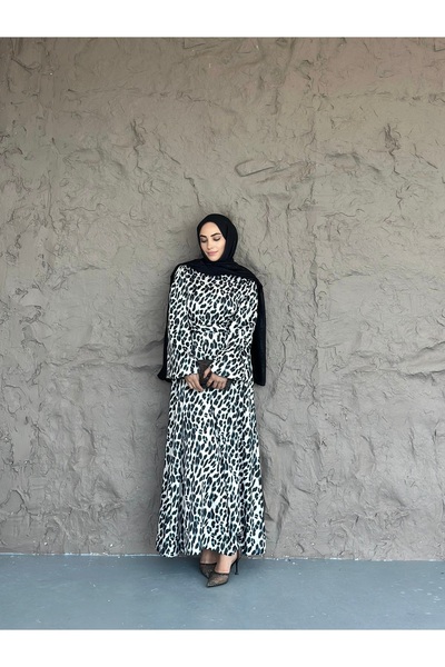 She Olive Μαύρο και άσπρο λεοπάρ σατέν μακρύ φόρεμα χιτζάμπ - Κομψό σχέδιο