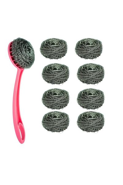 Generic 11 Pcs Steel Scrubber Set with Handle Brush,11 Scouring Pads,Stainless Steel for Cleaning Dishes, S