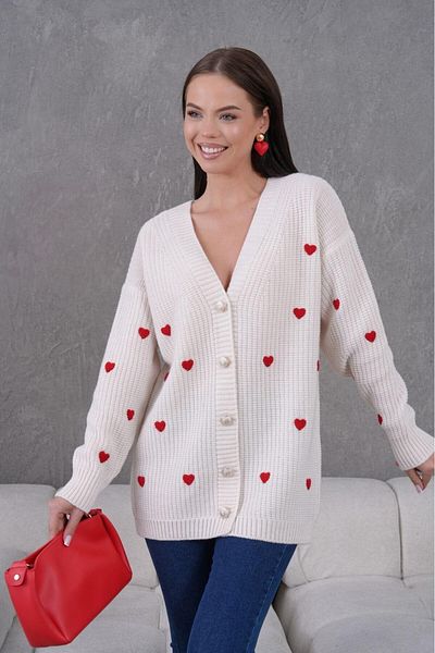 FLEX FASHION Women's Trend Popular Heart Detail 70 cm Cream Knitwear Cardigan