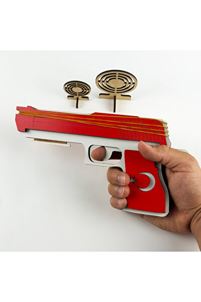 BAK GEL AL Lastik Atan Ahşap Oyuncak Tabanca ve Hedef Seti – Çocuklar ve Yetişkinler İçin Eğlenceli Atış