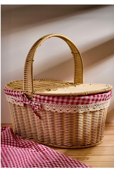 Pembelia Life Wicker Oval Picnic Basket Bamboo Basket with Lid Red Plaid Pattern Picnic Basket with Lid