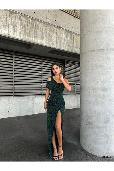 Modafeminen One Shoulder Slit Stone Flowers Dress Emerald 583304