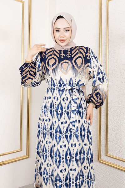 Tesettür Dünyası Shadow Transition Viscose Dress Tsd250207 Navy Blue