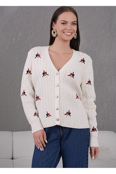 FLEX FASHION Women's Trend Popular Flower Embroidered 60 cm Cream Knitwear Cardigan
