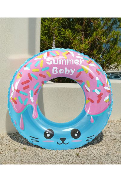 Fab N Funky Cartoon Swimming Ring, Cute Cat And Donut Themed - Blue And Pink