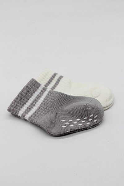 BUDİ HOME Bistyle Circled Non-Slip Sock Socks 2 Piece Bs10125 Gray Ecru
