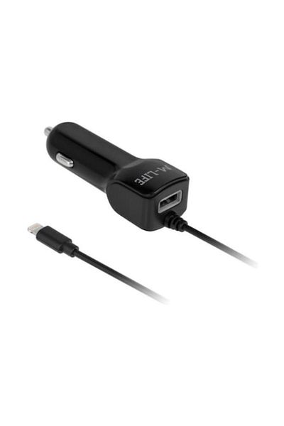 OEM Car Charger with Lightning Cable, 2.1A, Black, and a USB Port