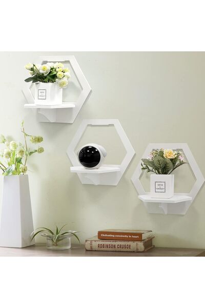 awwaline Set 3 rafturi hexagonale de perete, awwaline, alb, PVC, 29 cm x 27 c...