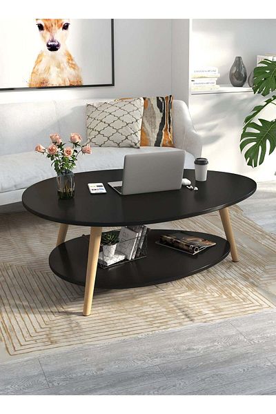 Taimi Oval Wooden Table, Home Table with 2 Storage Layers for Living Room Coffee Table 90x50x42cm -Black