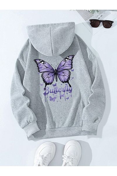 aynewmoda Butterfly and letter Printed women's fleece Hooded top