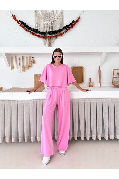 LE CARAMBOLE Women's Pink Oversize Blouse Waist Elastic Wide Leg Pants Top-Top Set
