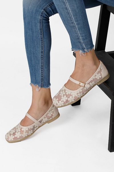 RENKLİBUTİK Women's Ballerina Flats Mesh Flower Embroidered Lightweight Comfortable Sole Stylish Ballerina Shoes Daily Women's Ballerinas