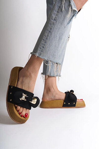 kemalacar Dila Thick and Orthopedic Sole Teddy Bear Satin Women's Slippers Kt - Black