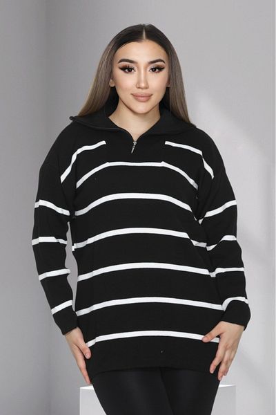 LocaMz Black Collar Zippered Striped Knitwear Tunic
