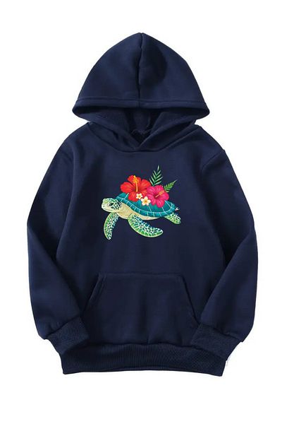 VBSVİBES Unisex Oversize Hooded Winter Floral Turtle Printed Hooded Sweatshirt - Navy Blue