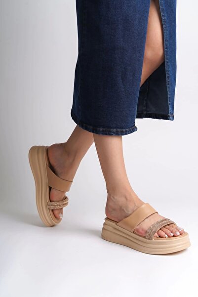 Tolzan Sarah Flat Heeled Stone Striped Thick and Orthopedic Sole Women's Slippers Tt - Ten