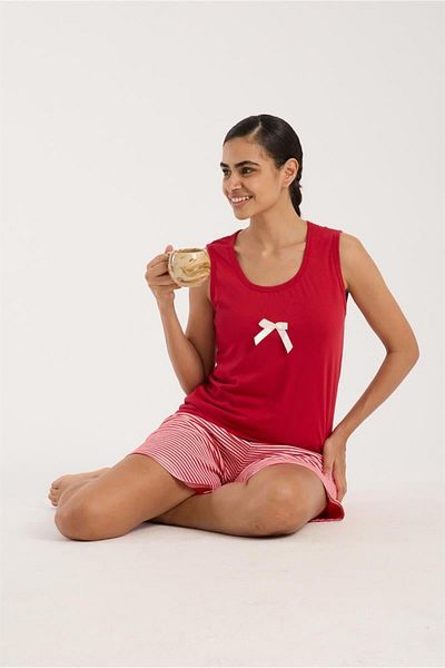 Celira Women's Red Ribbon Detailed Striped Shorts Pajama Set