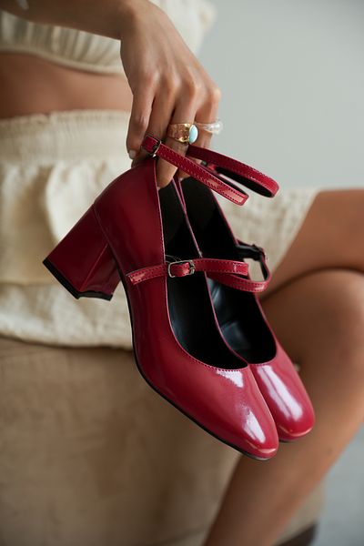 CİMİLİ SHOES Women's Red Patent Leather Kulia Mary Jane Thick Heeled Strappy Shoes