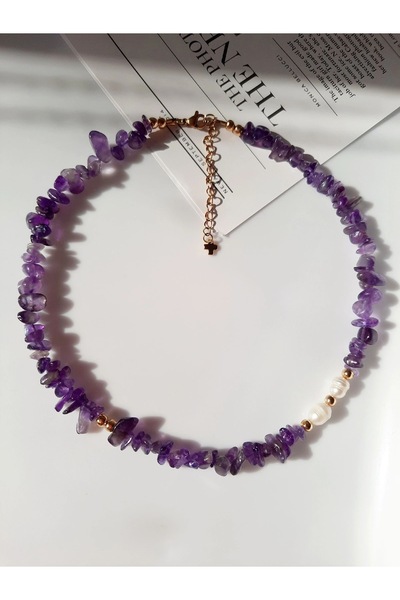 Gigi Ametist gerçek inci detaylı tasarım choker kolye