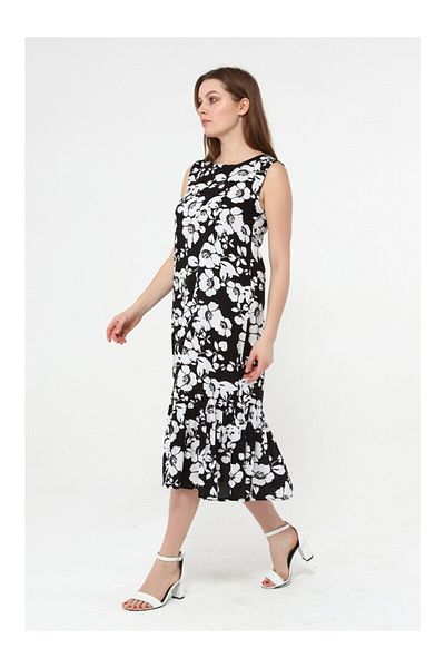 BNZ TEKSTİL Viscose Fabric Black and White Flower Patterned Women's Dress