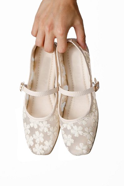 RENKLİBUTİK Women's Ballerina Flats Mesh Flower Embroidered Lightweight Comfortable Sole Stylish Ballerina Shoes Daily Women's Ballerinas