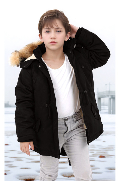 Pantulux Erkek Çocuk Su Geçirmez Makinede Yıkanabilir Kanvas Kumaş Kalın Kışlık Mont