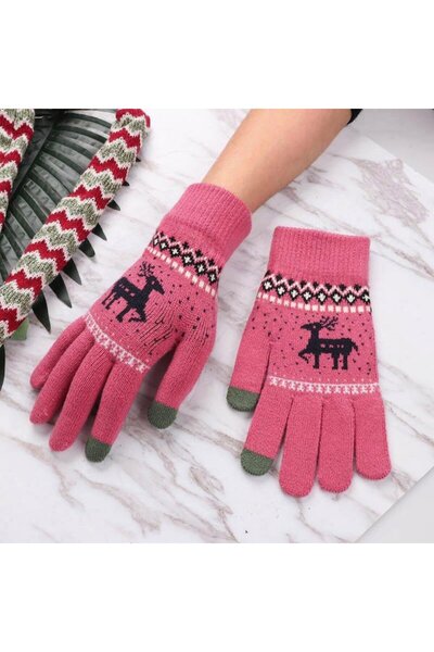 GERICOM touchscreen gloves, one size, knitted wool, reindeer pattern, pink-green