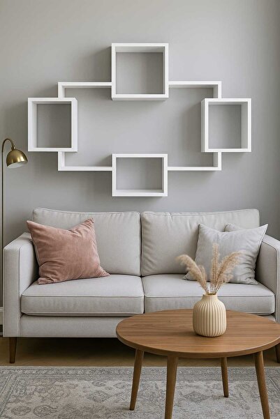 Woody Home Beyaz Dekoratif Duvar Rafı, Kitaplık, Gizli Bağlantılı, Uçan Duvar Rafı, Duvar Dekorasyon 115x95