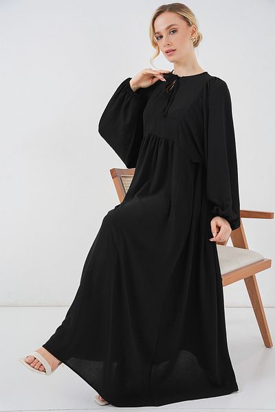 Merterium Women's Balloon Sleeve Long Hijab Dress D.Black 1124