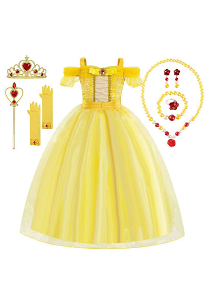 EvrikaUnity Rochie Printesa Belle pentru Copii, Set cu Coronita, Bijuterii si...