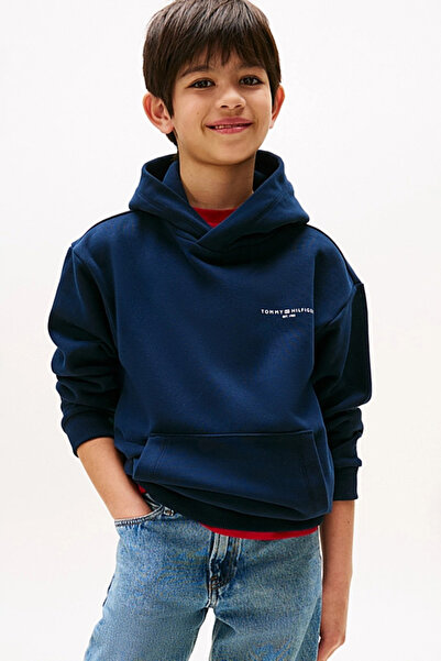 Tommy Hilfiger Unisex Çocuk Kapüşonlu Minimal Logo Baskılı Sweatshirt - Lacivert