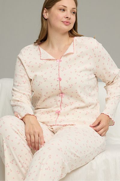 Siyah İnci Cream Pattern Large Size Battal Cotton Bow Tie Twill Knitted Pajamas Suit25228001-7