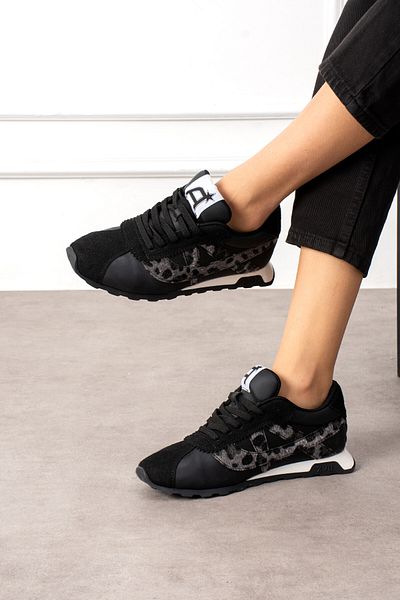 DABAB AYAKKABI Women's Black Skin Leopard Detailed Lace up Flat Comfortable Daily Sports Sneakers