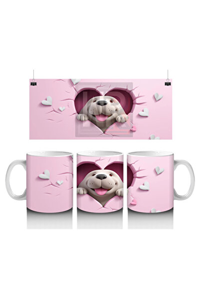 Luluyen كلب أبيض لطيف ينظر من خلال الأرضية المتشققة على شكل قلب - كوب قهوة مطبوع