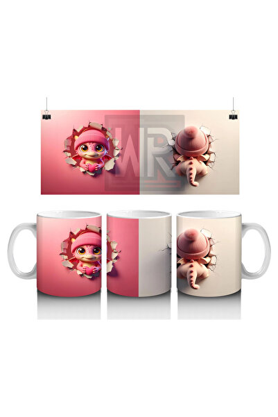 Luluyen صغير ديناصور يرتدي بيريه وردي مزين بالقلوب (مظهر مزدوج) - كوب قهوة مطبوع