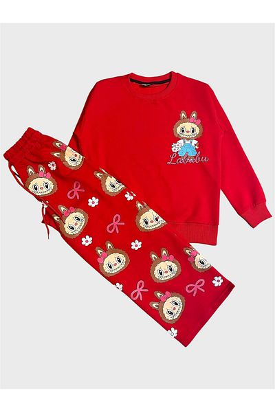 ALİŞ KİDS Girl's Cotton Red Color Labubu Patterned Long Sleeve Wide Leg Tracksuit Set