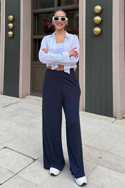 Madmext Pantaloni de damă cu talie înaltă, albastru bleumarin, cu picioare largi, MG2309