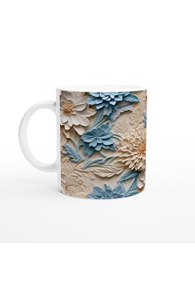 Luluyen Blue and Cream Embossed Mug Cup Decorated with Flowers