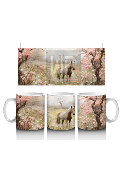 Luluyen صورة ظلية لحصان في منظر ربيعي بين زهور وردية - كوب قهوة مطبوع