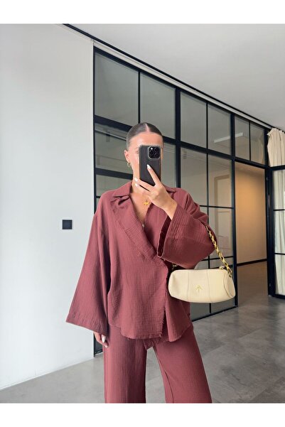 BB Bensu Buyruk PANTALONI KIMONO SET MUSLINĂ ROȘU CLARET